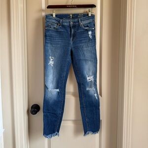 7 For All Mankind The Ankle Distressed Blue Skinny Jeans